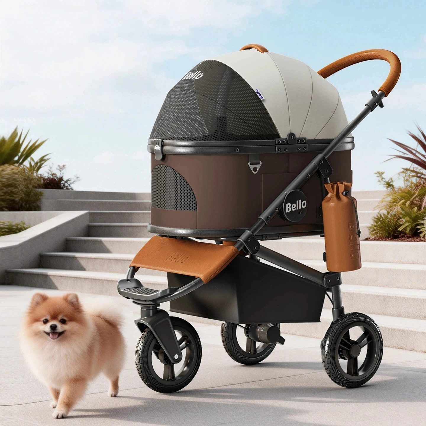 Large PU wheels 20kg load-bearing, disengaged 2-in-1 luxury foldable one-foot brake outdoor three-wheel pet cart
