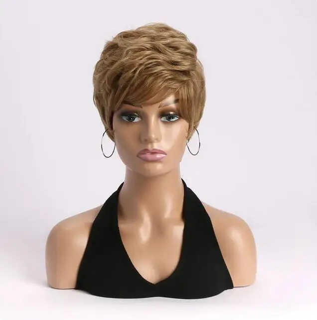 Short Wigs for Women Ombre Mixed Blonde Fake Hair with Bangs Curly Synthetic Wigs Real Looking Mommy Wigs Daily Party