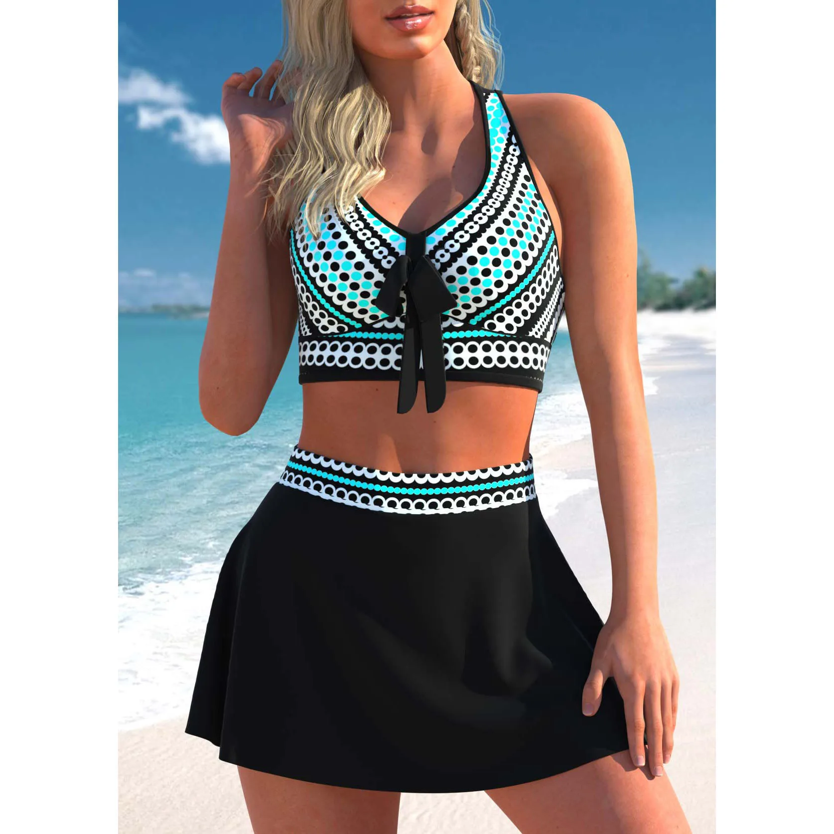 Tankiniset voor zomervakantie voor dames - Badpak met hoge stretch en ronde hals met willekeurige print, gebreide stof 2-delige tropische bikini