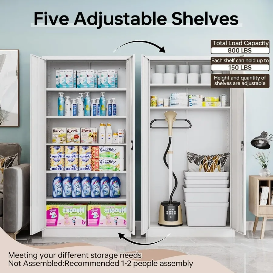 خزائن تخزين جراج معدنية مع قفل 72 خزانة أدوات طويلة مع بابين و5 أرفف قابلة للتعديل قفل خزائن المرآب وL #3