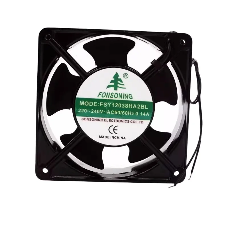 

FSY12038HA2BL 120*120*38mm 220V~240V~AC 50/60Hz 0.14A 2-Line Square Cooling Fan