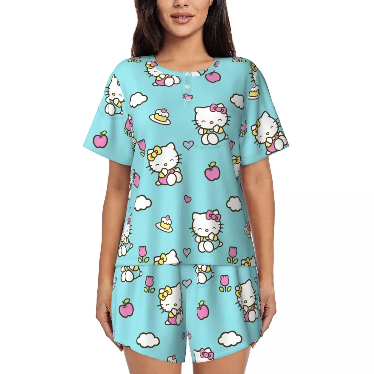 

Women's Pajamas Set Hello Kitty Down Tops and Shorts Pajama 2 Piece Pyjama Femme Nightwear Loungewear for Summer