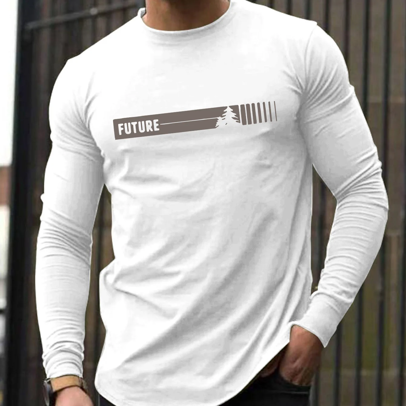 100% pure cotton men's long sleeved round neck loose future letter pattern printed spring and autumn versatile T-shirt top