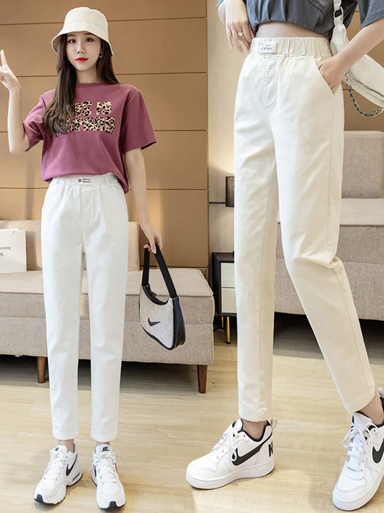 Jeans a gamba dritta da donna Vita elastica Casual Estate 2024 Nuovi pantaloni versatili dimagranti a nove punte Pantaloni casual con risvolto