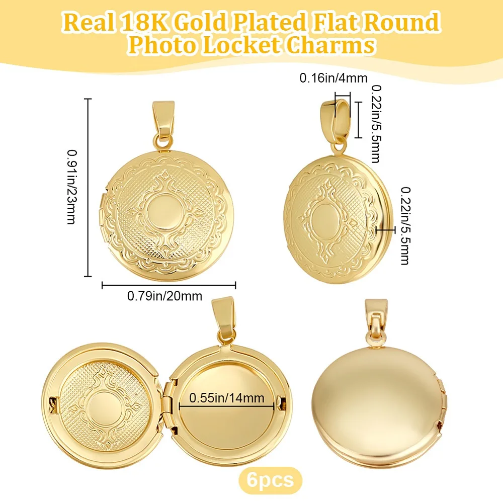 6Pcs Brass Locket Pendants Photo Frame Pendants for Necklaces Long-Lasting Plated Flat Round Real 18K Gold Plated 23x20x5.5mm