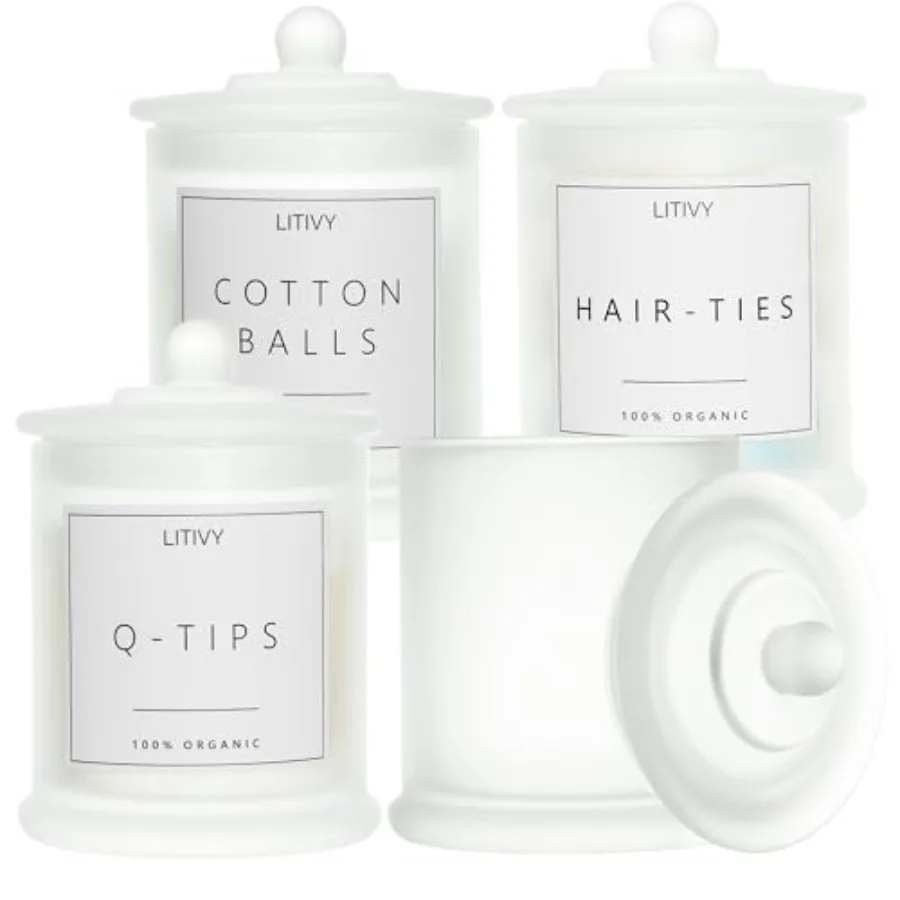 4 Pack Bathroom Organizers and Storage - 16 Oz Glass Qtip Holder and Cotton Pad Dispenser with Lid, Apothecary Jars for Home, R