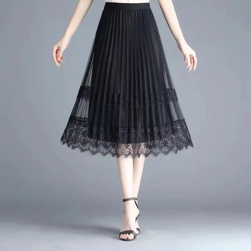 

2024 Elegant Women's Sheer Skirt Korean Version Fashionable Mesh A-line Women's Pleated Skirt Summer Chic High Waisted P896