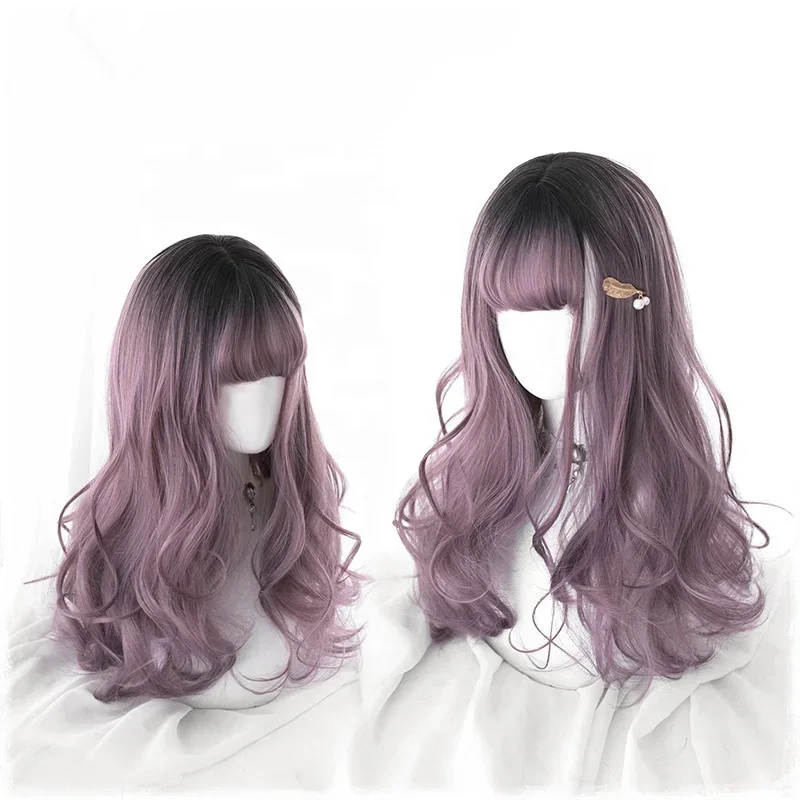 1-High Quality 55cm Long Wave Black Purple Mixed Wig Cosplay Synthetic Hair Anime Peluca Lolita Wigs For Girls CS-826A