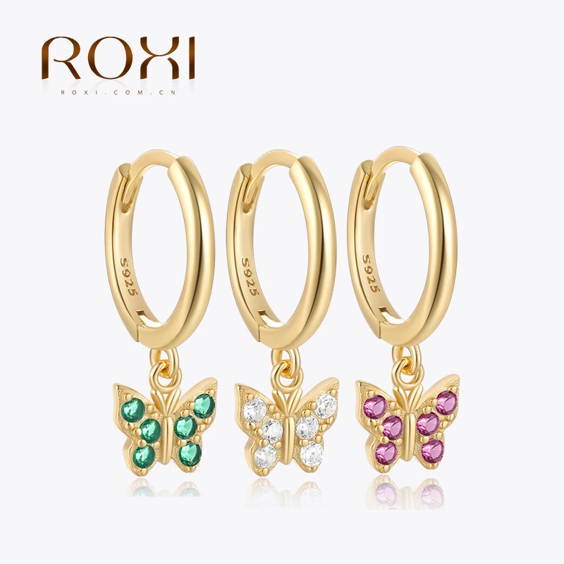 ROXI 925 Sterling Silver Ear Buckle Cute Butterfly Micro Inlaid Colorful Crystal Earring 9mm Hoop Earrings For Women Pendientes