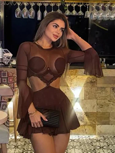 Nibber vestido de malla de retazos sin cintura para mujer cuello redondo de manga completa con volantes con diseño hueco para Club de medianoche fiesta Sexy Bodycon a la moda