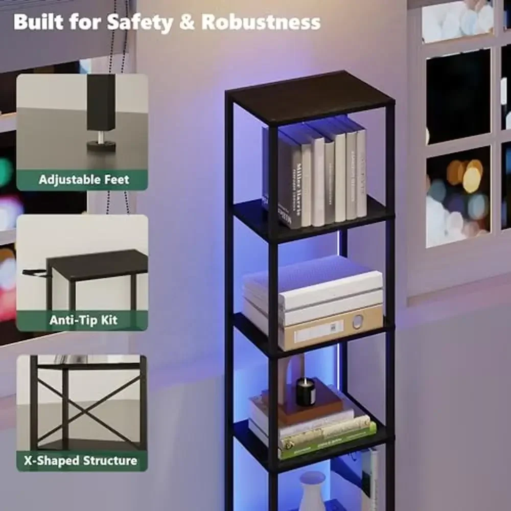 رف كتب LED مكون من 6 طبقات مع إطار فولاذي ورف تخزين للمنزل وخزانة كتب ضيقة وطويلة 20 لونًا و22 وضعًا بمظهر صناعي