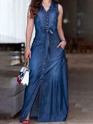 Women Fashion Plain Lapel Collar Light Washed Denim Bow Tank Dress Sleeveless Dress Beach Sundress Oversized Loose Dress Vestido