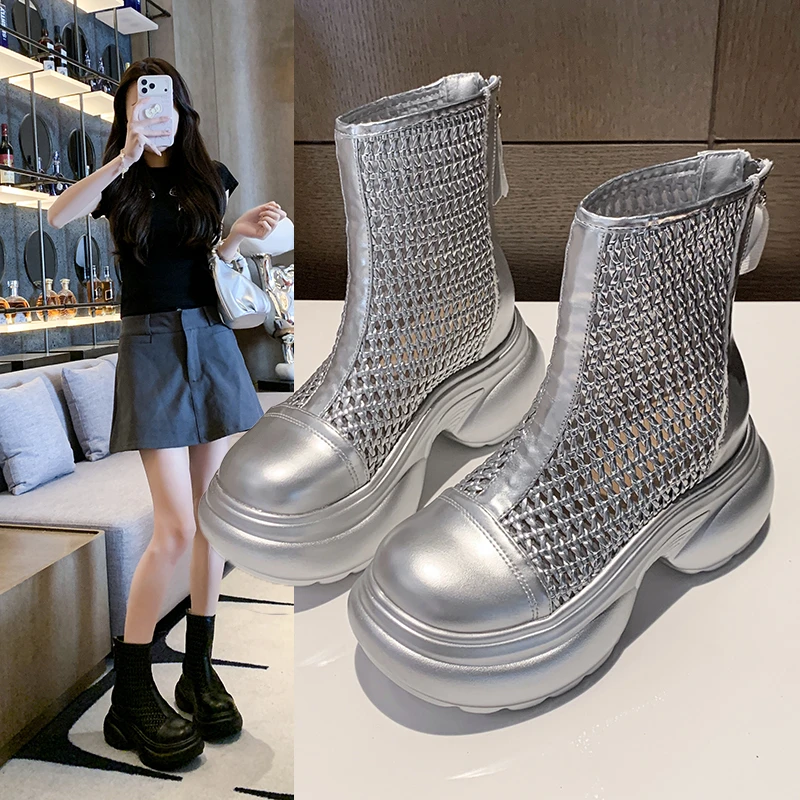 

Summer Women Mesh Hollow Out Ankle Boots Round Toe Platform Sole Back Zipper Breathable Short Boots Casual Non Slip Footwear