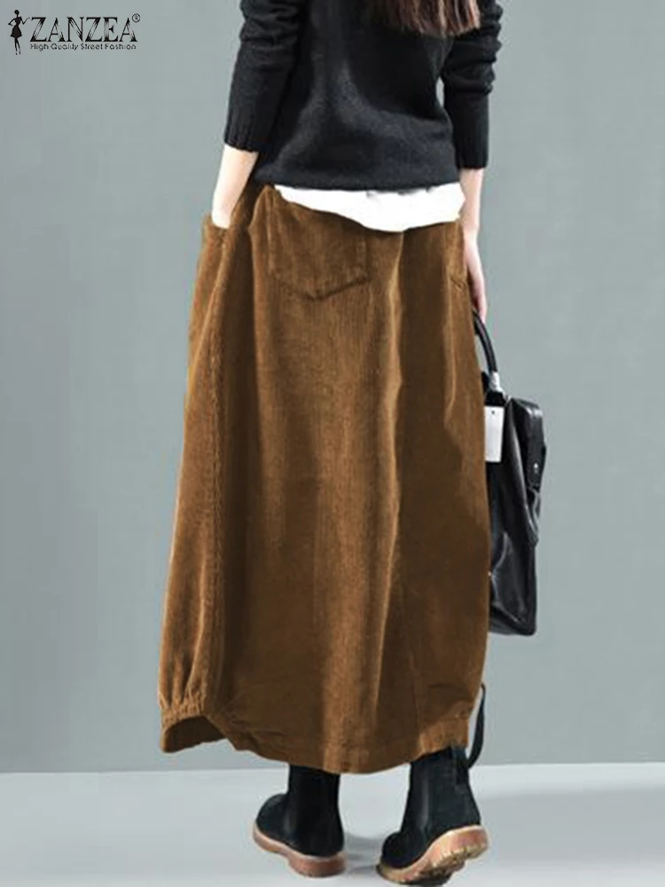 2023 ZANZEA Women Corduroy Skirts Casual Elastic Waist Long Skirt Female Faldas Saia Autumn Vintage Solid Jupe Vestidos Oversize