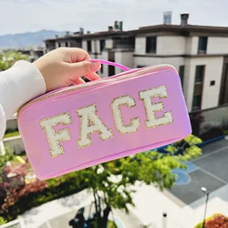 Candy Color Women's Cosmetic Bags Paste Letters Ladies Portable Makeup Bag Handbags Large Capacity Female Travle Box Storage Bag