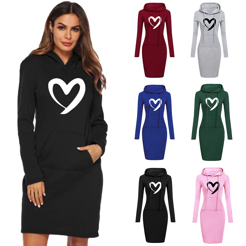 

Women Fashion Love Peach Female Loose Casual Hooded Dress Pullover Sweatshirt Sweater Dress BlouseTop Long Sleeve Hoodies Dress