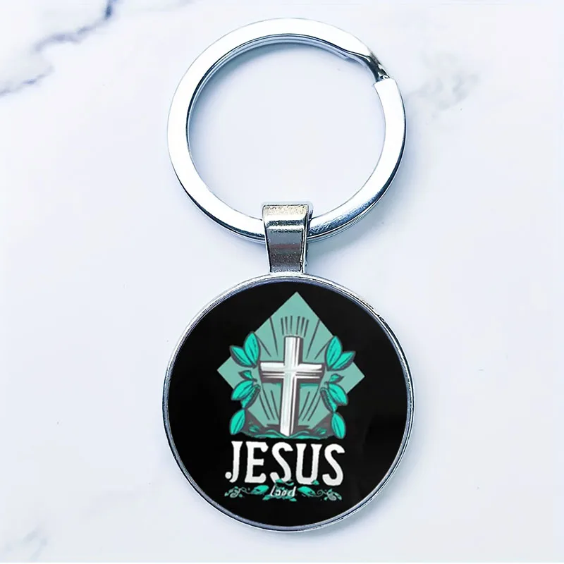 Cross Lion Eagle Flower Butterfly Pattern Round Glass Key chains Faith Jesus Cross Letter Key Chains Metal Base Jewelry QSM711