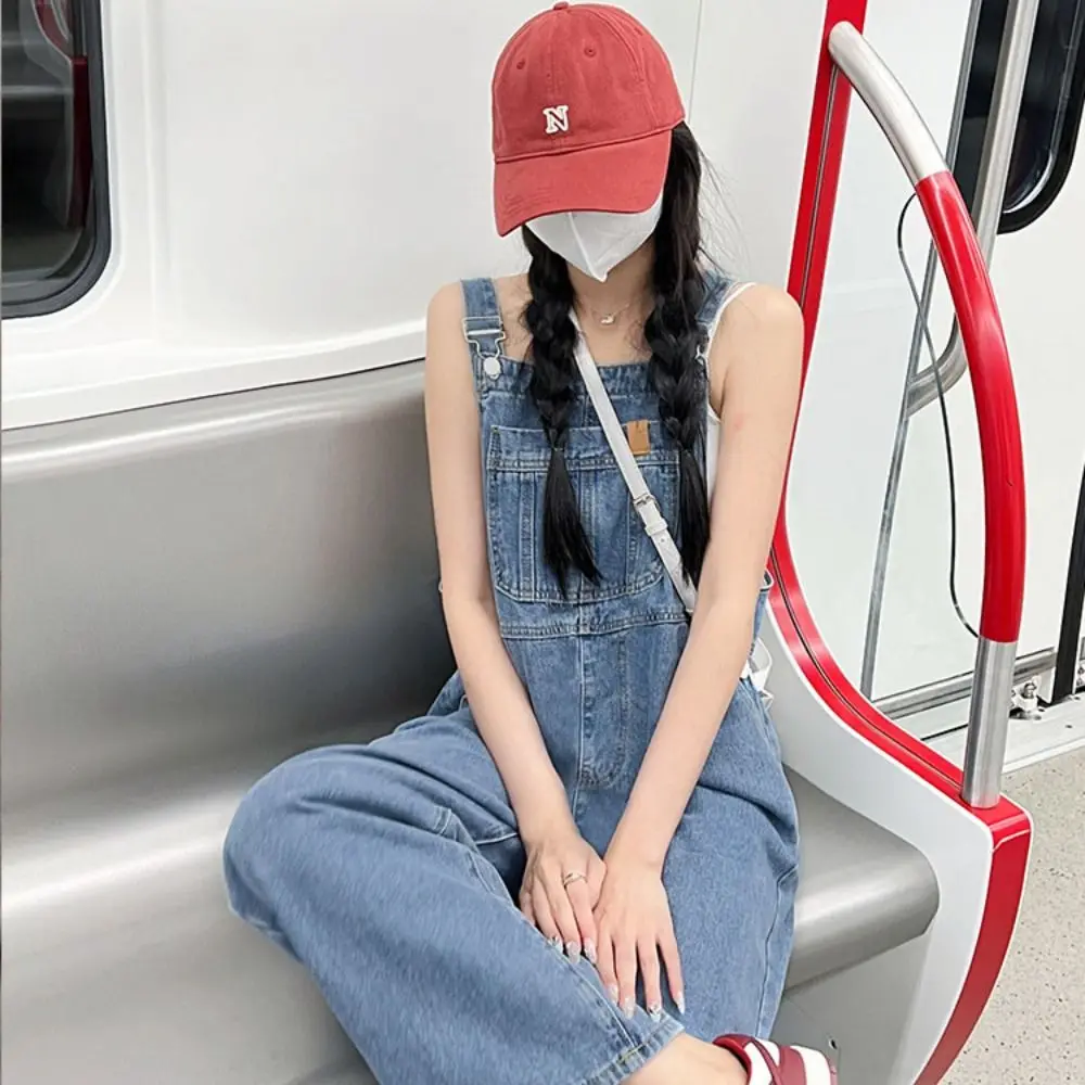 Celana panjang Jeans gaya Korea, jumpsuit Jeans pinggang tinggi tali lurus kaki lebar, celana panjang Jeans kasual longgar