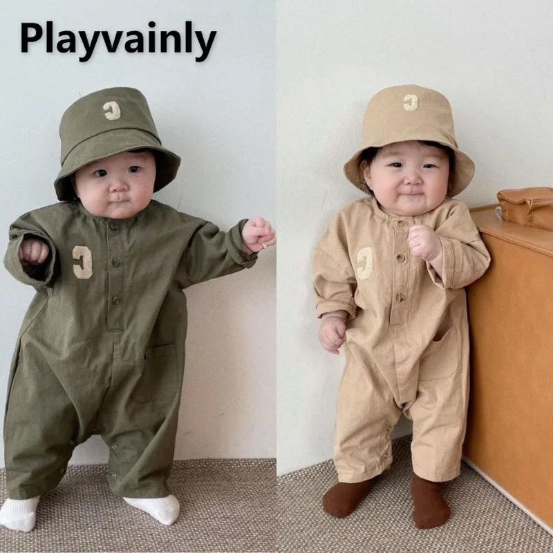 

Spring Autumn Baby Clothes Boy Girl Pajamas Beige Green O-neck Long Sleeve Loose Rompers+Cap Newborn Home Wear Nightgown E16205