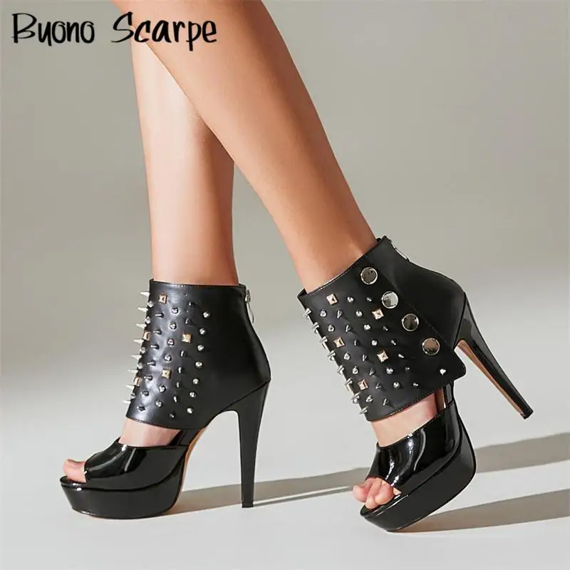 

Western Style Metal Decorations Rivet Open Toe Thick Sole Platform High Heels Women Sandals Zipper Plus Size Sexy Party Shoes
