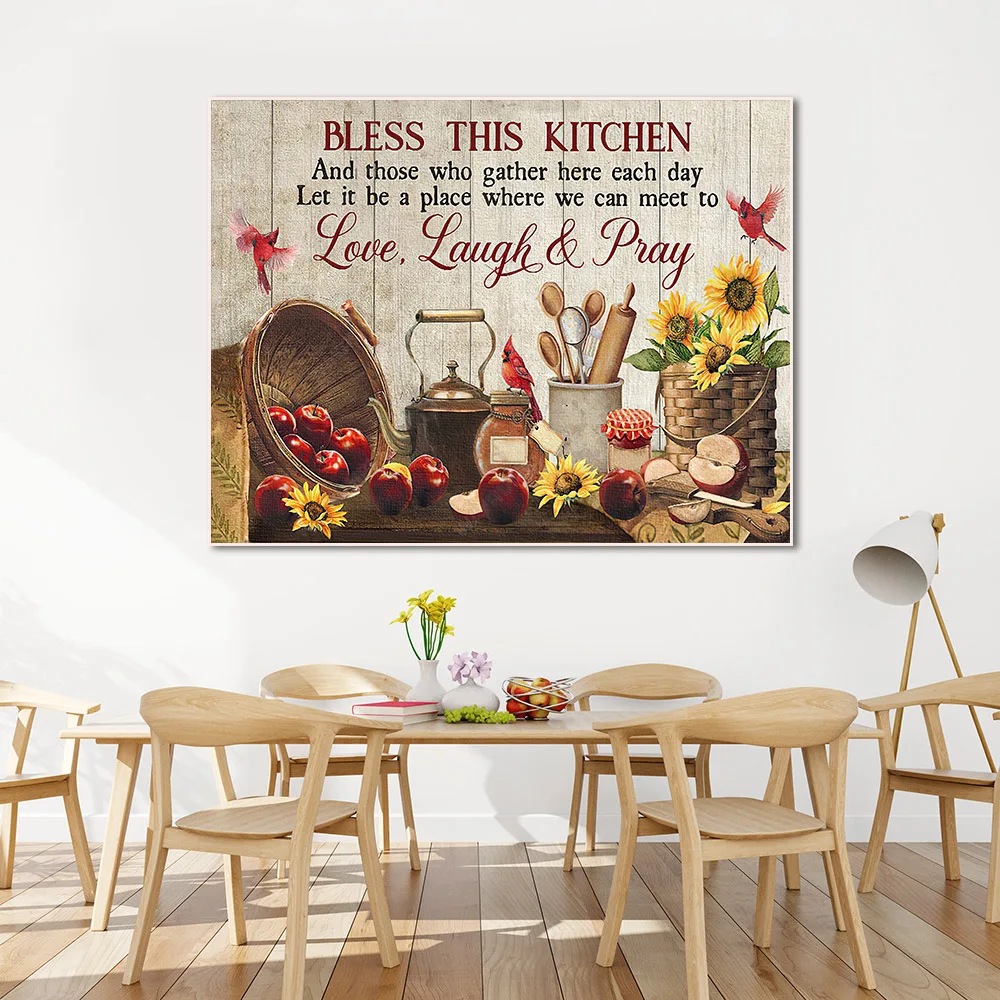 

Bless This Kitchen Quotes Poster Apple Sunflower Painting Modern Wall Art Canvas Prints Scripture Picture Dining Room Home Decor