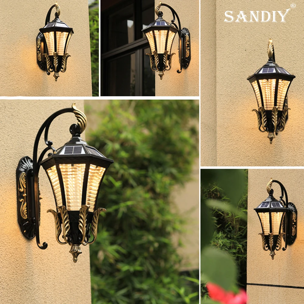 SANDIY Solar European Outdoor Wall Light American Outdoor Waterproof New Rural Household Garden Patio Courtyard Gate Wall Lamp