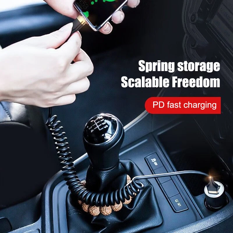 Spring Short Cable USB Type C Fast Charging Data Cord Car Power Charger Wire Fast Charging Telescopic Cable Spring Data Cord