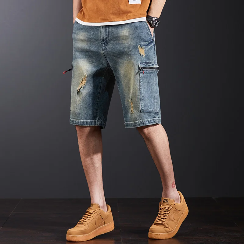 2025 summer new style Men's stretch casual denim shorts Men's multiple pocket ripped zipper denim shorts Large size 42 44