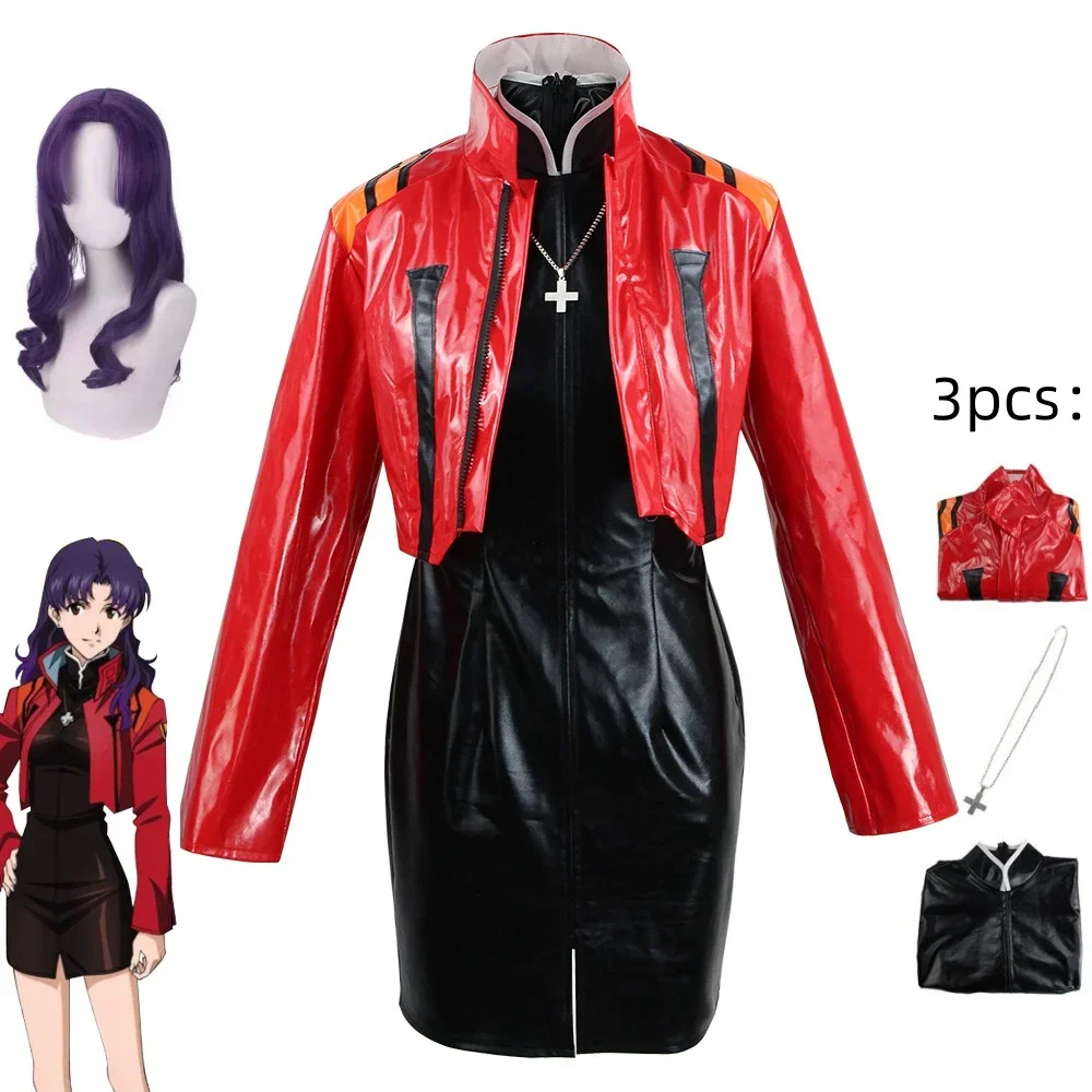 

Anime Katsuragi Misato Cosplay Costume Wig Women Uniform Leather Coat Jacket Sexy Dress Necklace Suit Halloween Carnival Outfit