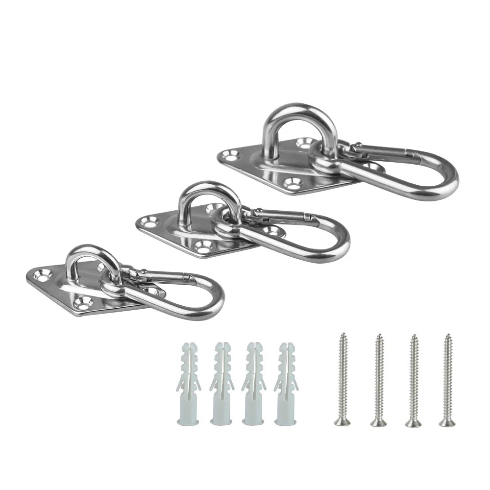 304 Stainless Steel Pad Eye Plate Hooks+Snap Hooks,Hardware Staple Hook Loop with Screws and Plastic Expansion, Ceiling Hooks