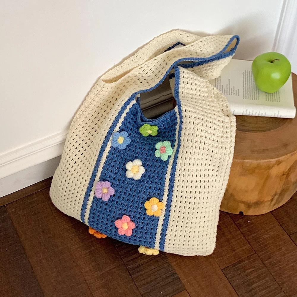 

Summer Woven Shoulder Bag for Women Casual Contrast Color Hollow Out Large Capacity Tote Bags Shopping Commute Underarm Handbags