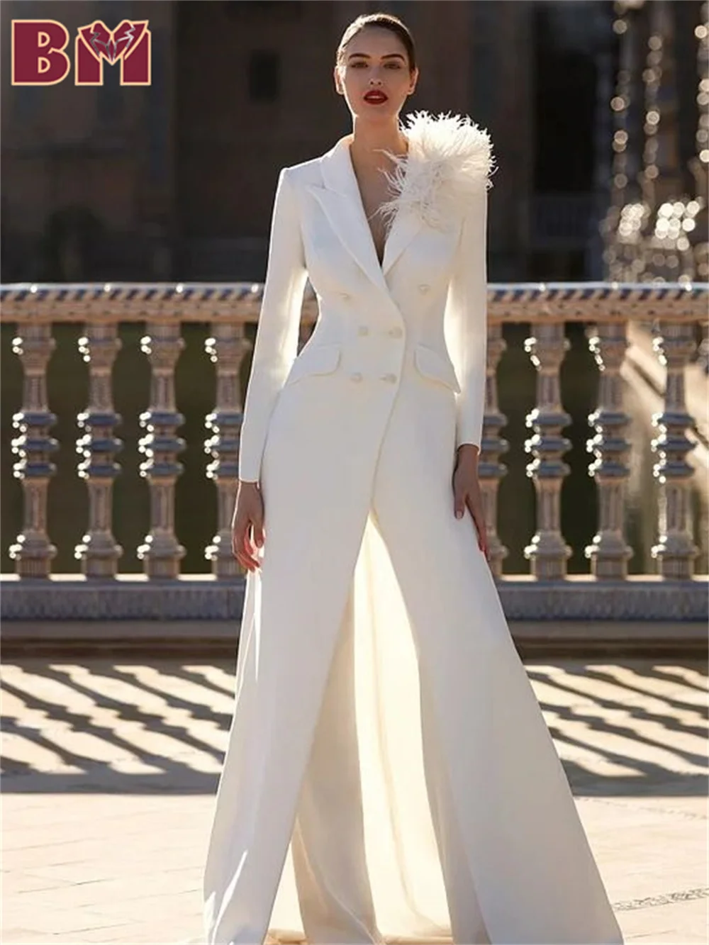 BRLMALL-2PCS White Long Coat For Women Suit Set Jacket Pants 2025 Elegant Feather Women Suit Formal Women Office Suit Customized