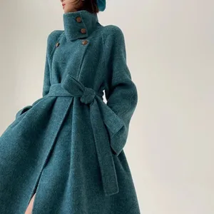 Hochkragen blau Wollmantel, langer Mantel mit Gürtel, Reihen weibliche glamouröse, luxuriöse, elegante, modische Streetwear 8 Hauptverkäufe Frauen hellblauer Mantel - №2