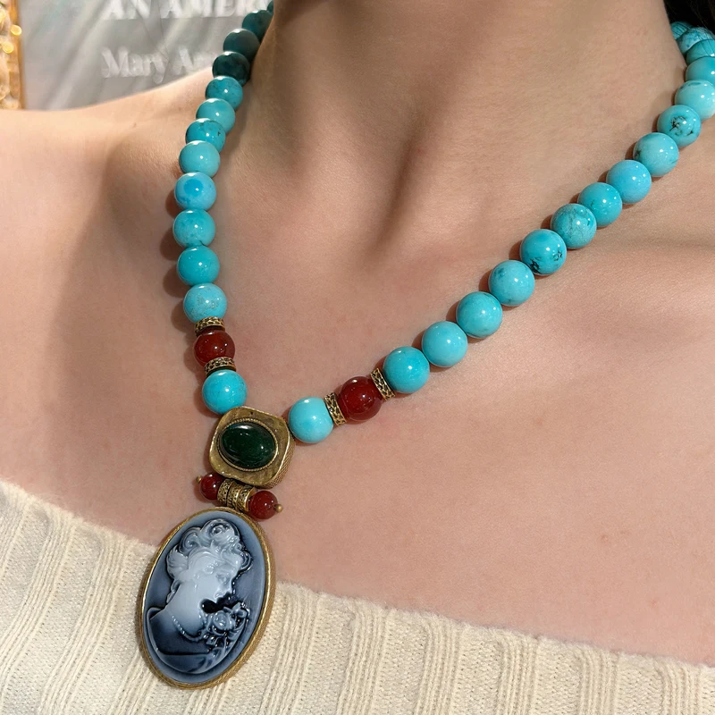 

Vintage Turquoise Beaded Necklace Pendant Relief Beauty Cameo Gold Color Luxury Jewelry Designers Brand For Women Christmas 2025