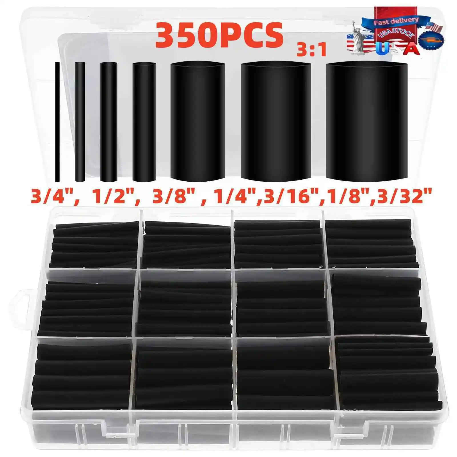 350PCS Black Heat Shrink Tubing Kit 3:1 Ratio Adhesive Lined Marine Grade WrapUS