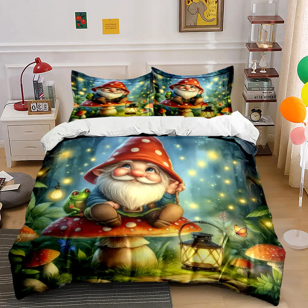 Gnome and Frog on Mushroom in Enchanted Forest Print Duvet Cover Bedding Set Included 1*Duvet Cover 2*Pillowcases
