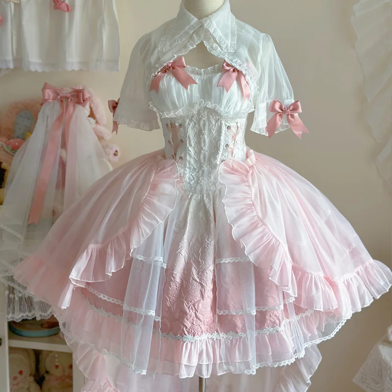 Różowy Kawaii Gradient Color Lolita Dress Women Sweet Slim Bandage Bow Flower Dresses Female Vintage Elegant Fairy Party Dress Set