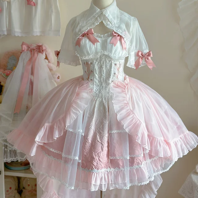 Różowy Kawaii Gradient Color Lolita Dress Women Sweet Slim Bandage Bow Flower Dresses Female Vintage Elegant Fairy Party Dress Set