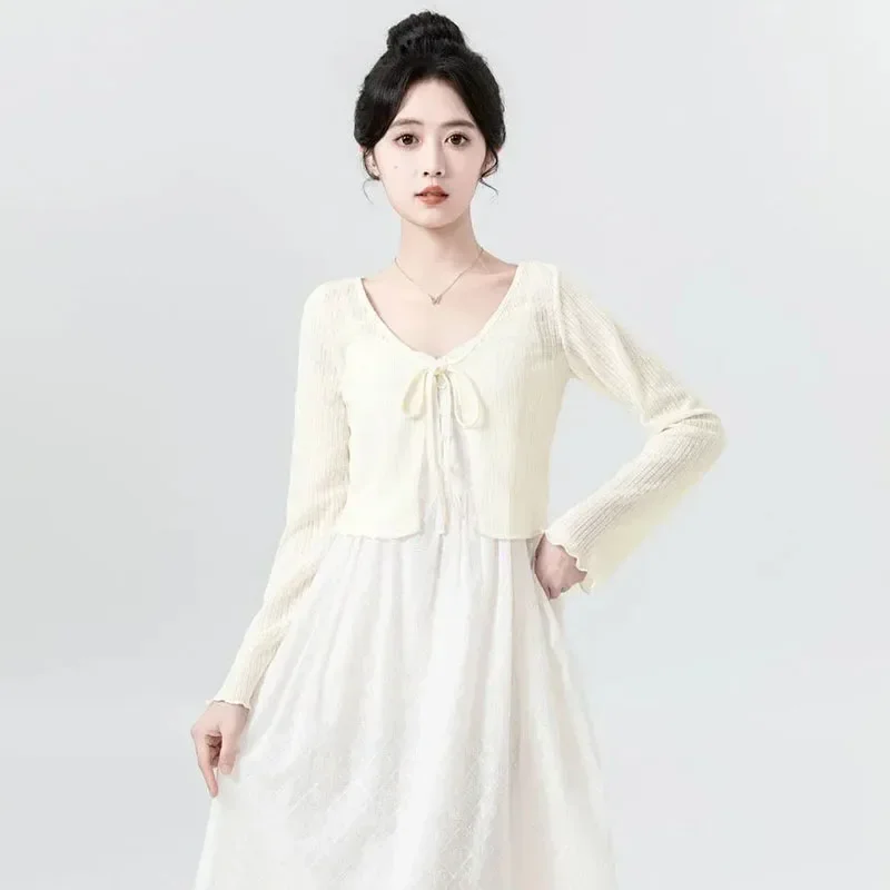 Cardigan solido da donna estivo sottile manica lunga con lacci camicie in maglia da donna casual semplice scollo a V crop top vestiti