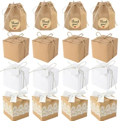 10Pcs Square Kraft Paper Candy Box With Rope Wedding Favor Lace Chocolate Box For Birthday Baby Shower Party Gift Pakcing Decor