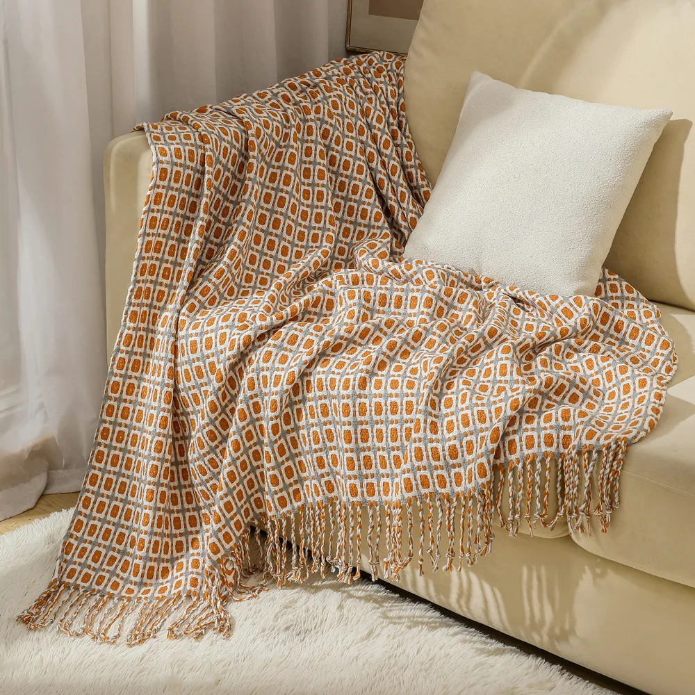 

Knitted Thousand Bird Grid Fringed Wool Blanket Soft Lightweight Summer American Style Cozy Comfort