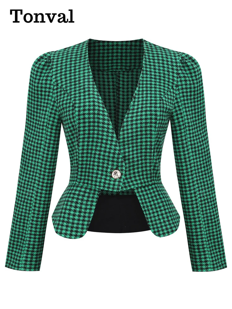 Tonval V-Neck Office Lady Outfits Single Button Houndstooth Blazers Vintage Green Coat 2023 Women Spring Cropped Blazer Jacket