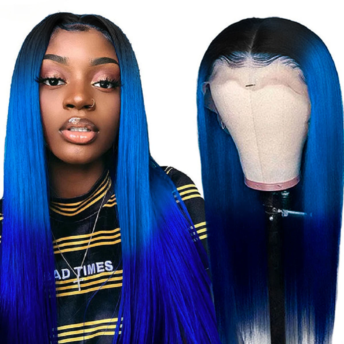 

Ombre Blue Color 13x4 Transparent Lace Frontal Wigs Human Hair For Black Women Brazilian Straight Gradient Blue Colored Wig