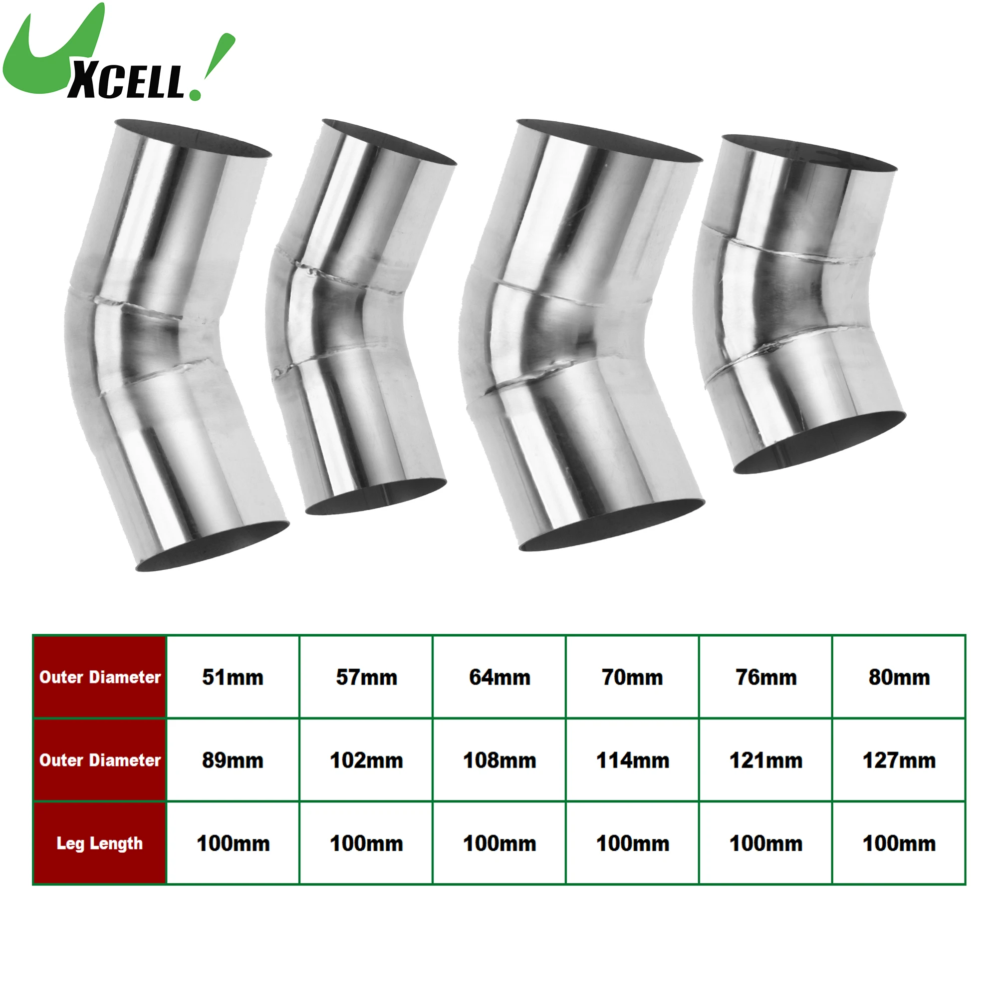 

UXCELL 45 Degree 51mm-127mm OD 100mm Long Mandrel Exhaust Pipe DIY Custom Car Modified Exhaust Tubing 304 Stainless Steel