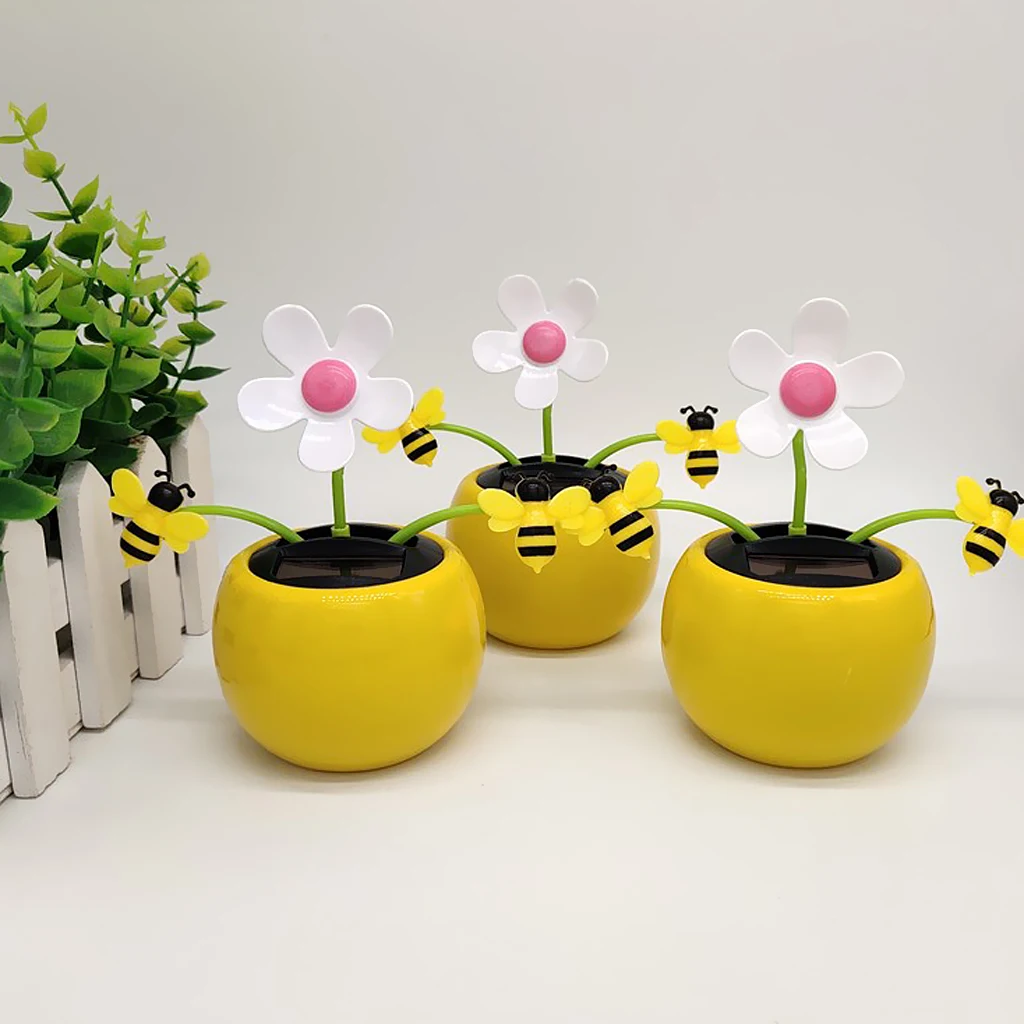 Solar Powered Flower Insect Dancing Doll Toy Home Decor Car Ornament Yellow Flowerpot Flower and Honey Bee