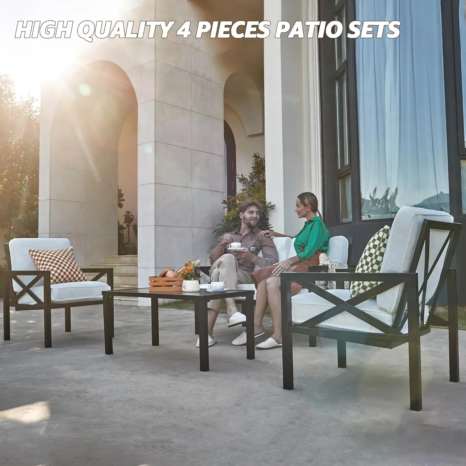 4-częściowy zestaw mebli ogrodowych na patio, nowoczesne zestawy do rozmów na patio, metalowa sofa segmentowa na zewnątrz z poduszką 5,5 cala