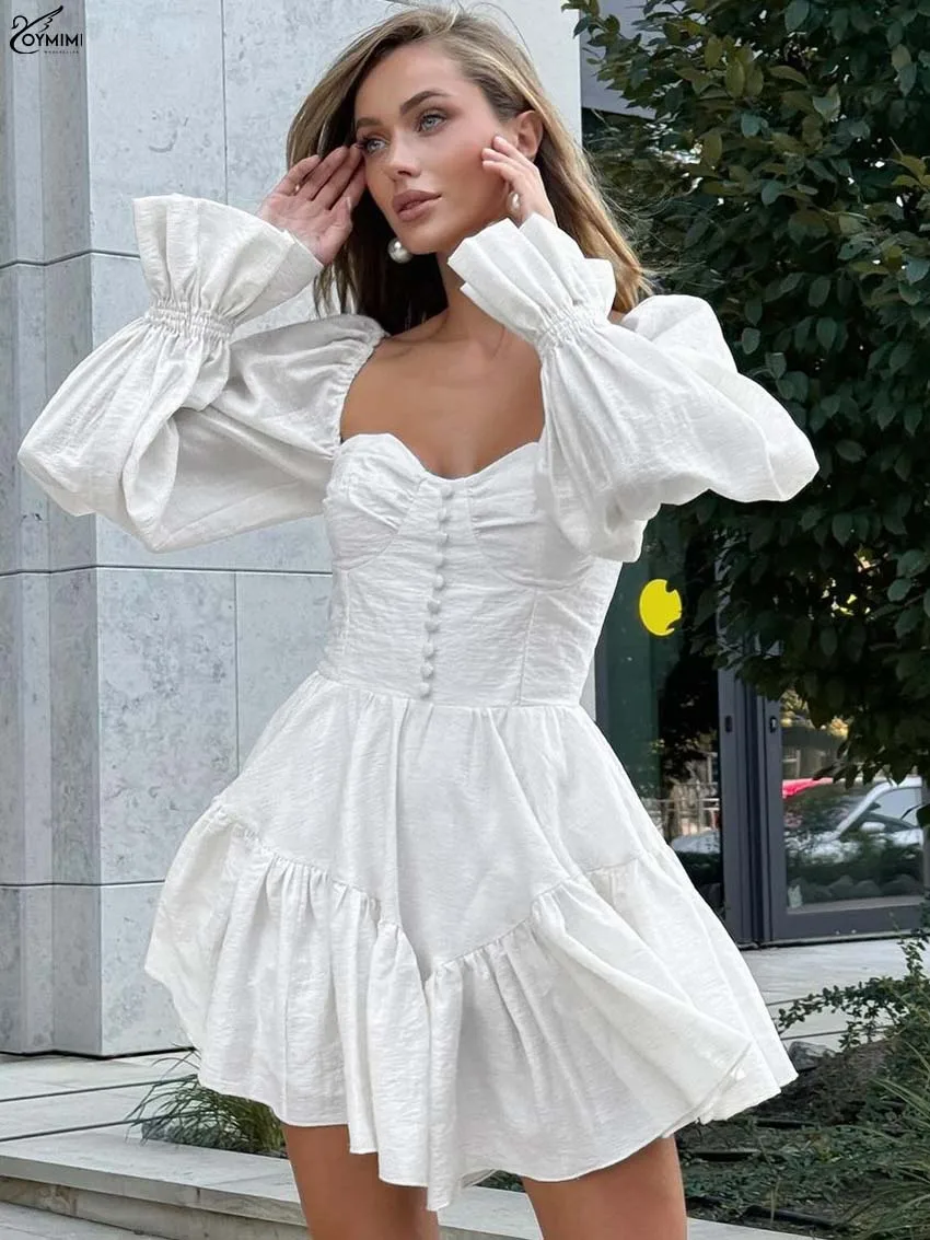 

Oymimi Fashion White Square Neck Womens Dresses Elegant Long Sleeve Open Back Zipper Dresses Casual Button Pleated Mini Dress