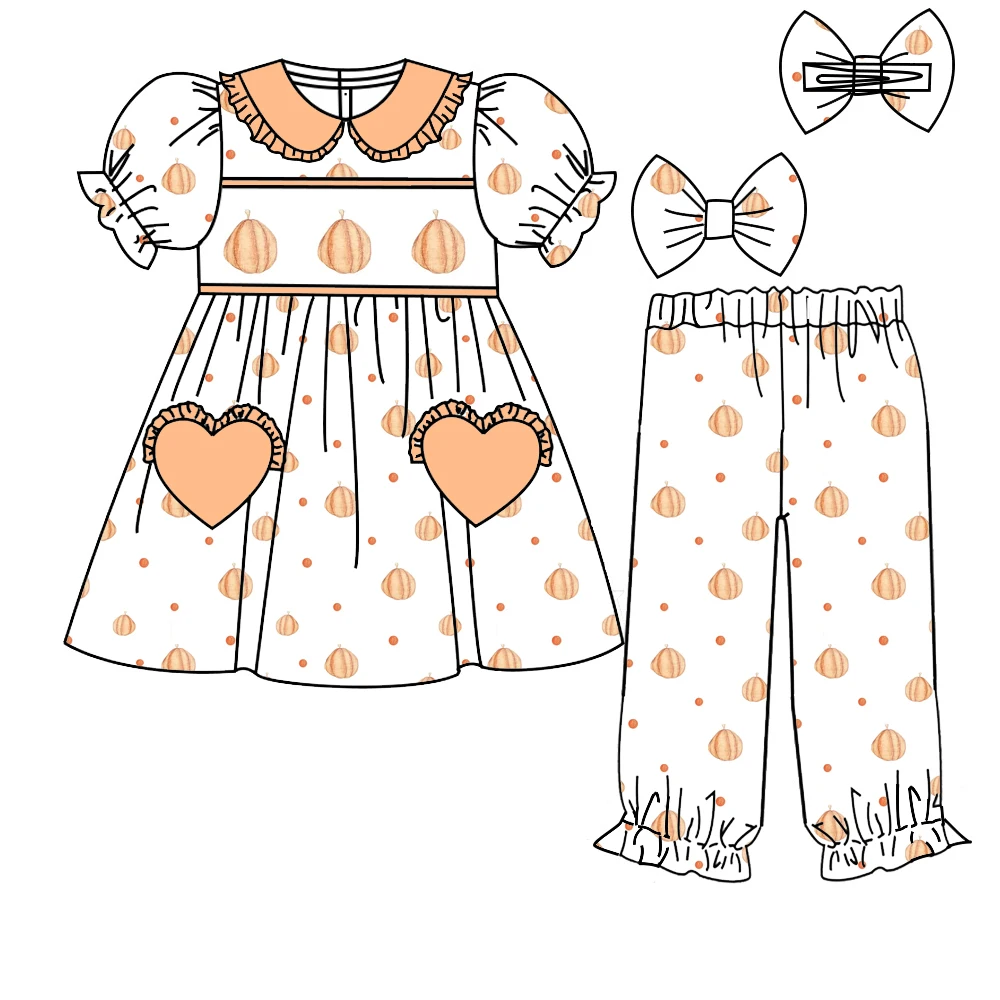 Boutique Children's Set Lapel Ruffle Puff Sleeves Pair with Trousers Love Pocket Pumpkin Bow Print Thanksgiving Day