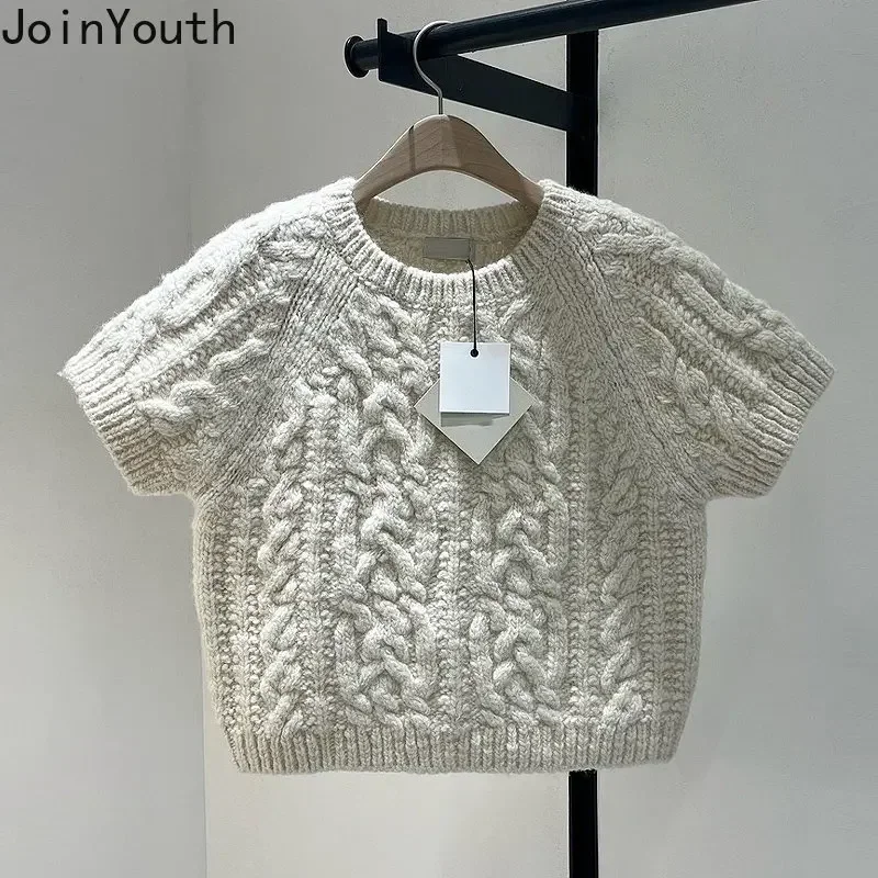 Korean Pullovers for Women 2024 Ropa Mujer O-neck Short Sleeve Knitted Ribbed Y2k Tops Pull Femme Fashion Cropped Sweater Jumper