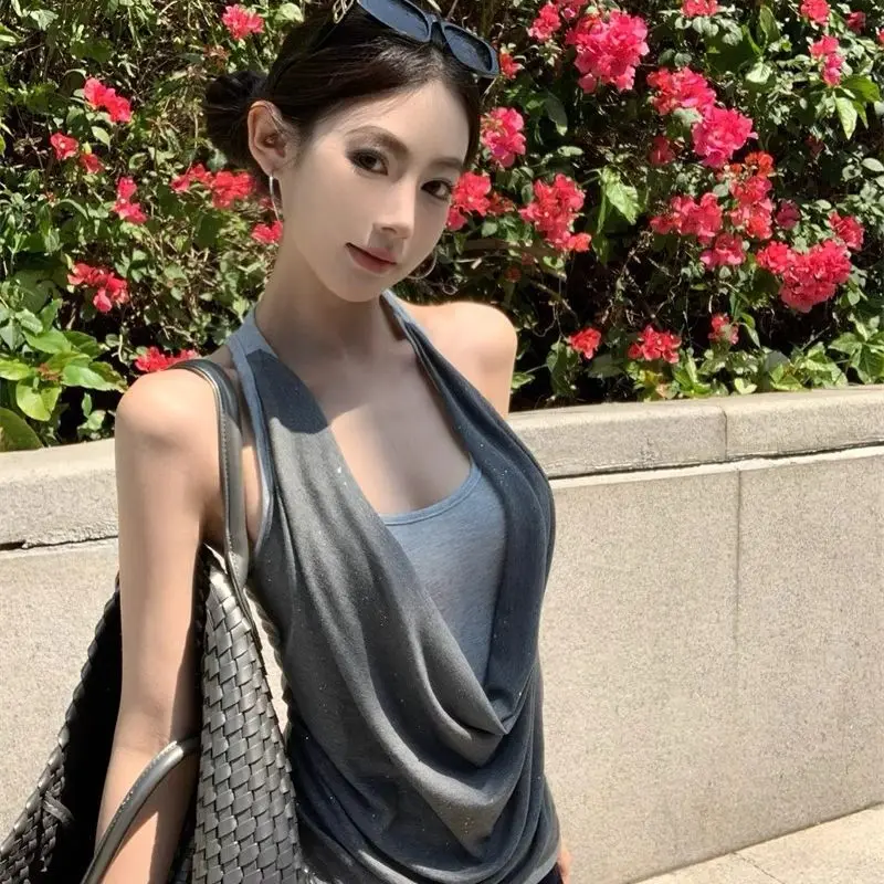 

Spliced Two-piece Swinging Collar Suspender Vest For Women In Summer Slim Sleeveless Contrasting Top